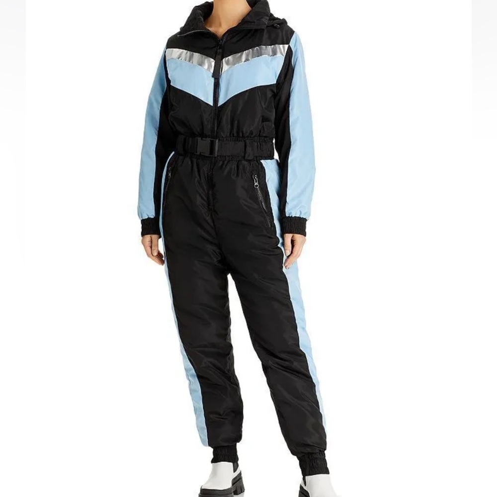 Aqua Women's Colorblocked Hooded Zip Ski/Snow Suit Blue Black
